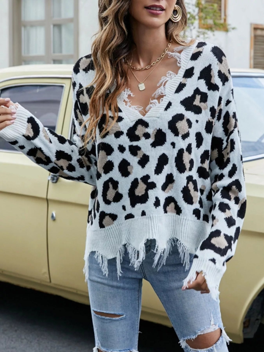 Miracle Distressed V-Neck Leopard Print Sweater - White/Black/Tan